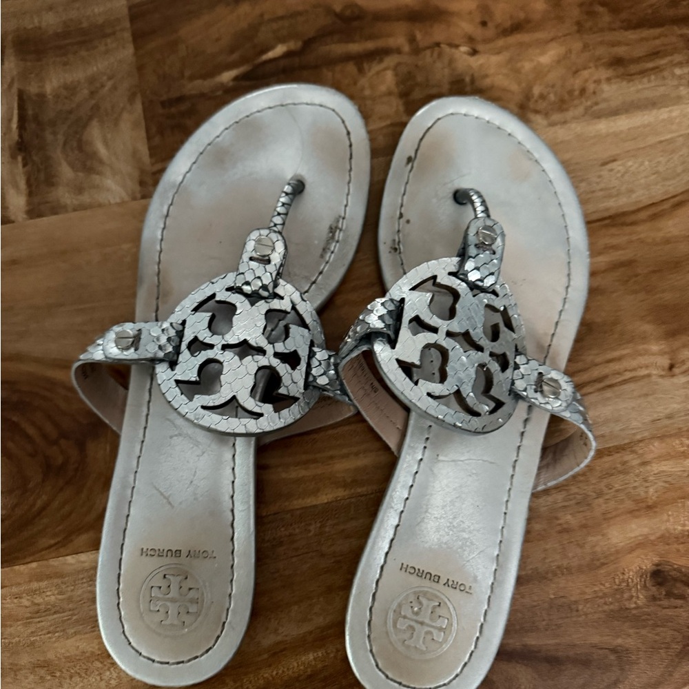 Tory Burch Silver Sandals with Medallion Logo